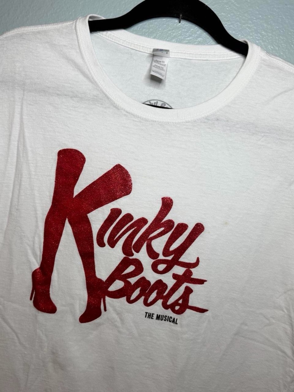 Gildan White Tee with Red Glitter 'Kinky Boots' Logo